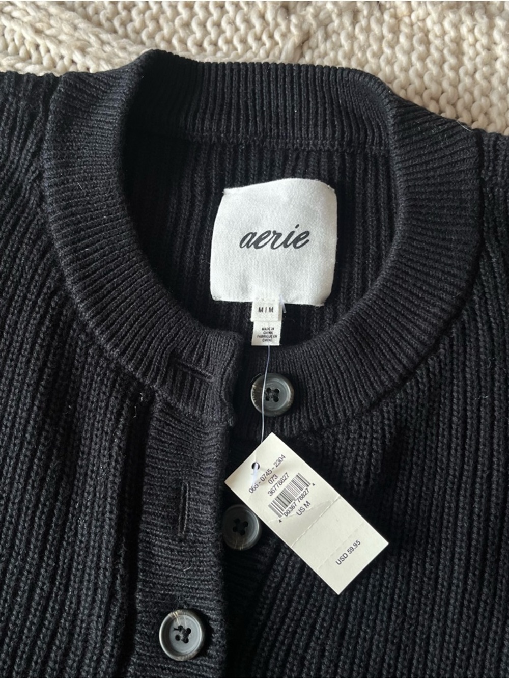 aerie Black Ribbed Henley Crew Sweater - Picture 3 of 4